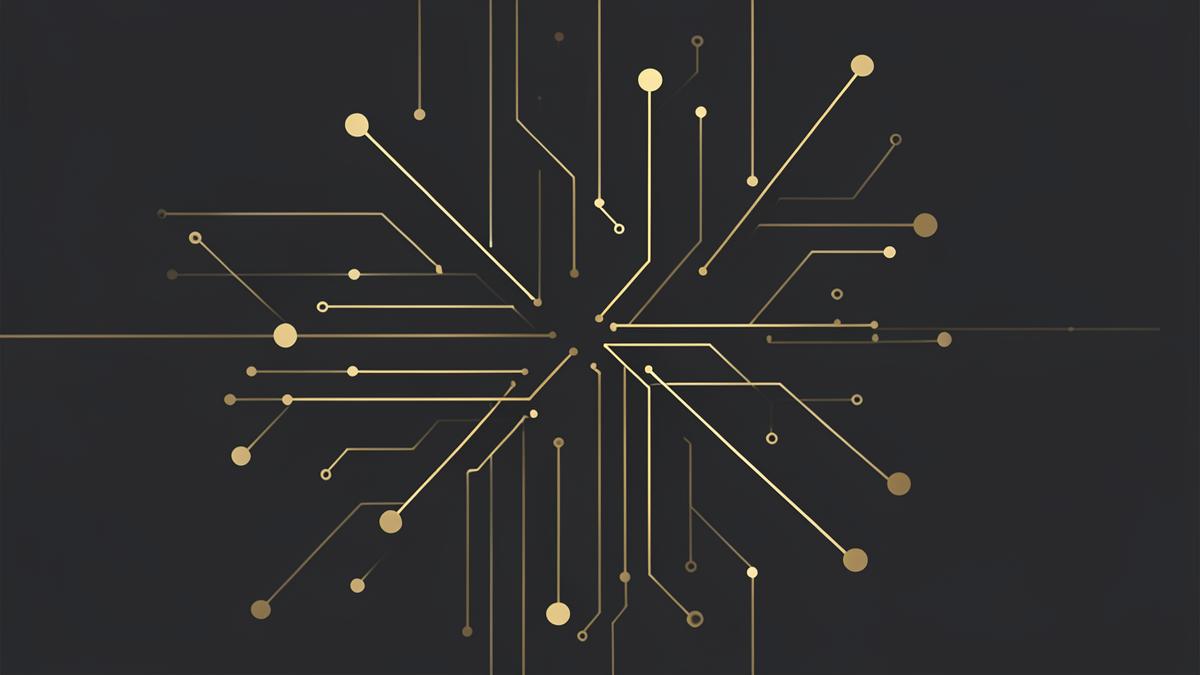 Gold neural pattern intersecting a handwritten-style stroke on charcoal, representing AI assistance guided by human voice